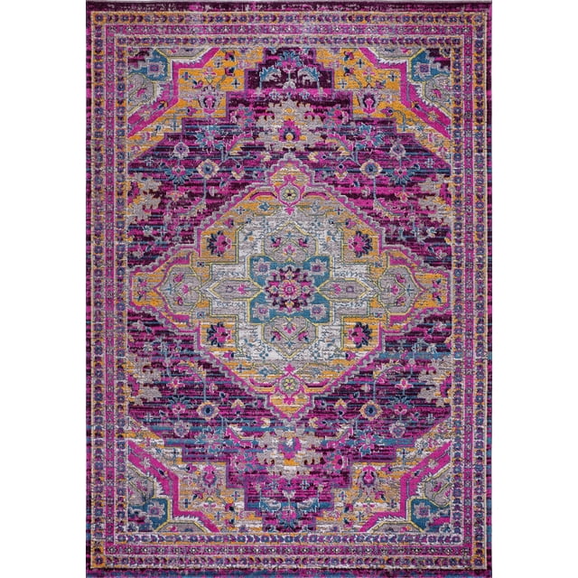 Elson Lilac Beige Traditional Indoor/Outdoor Area Rug 6'5" x 9'5" with a vibrant, intricate pattern in lilac, beige, and multicolored tones. This medium-low pile synthetic rug is durable, colorfast, stain-resistant, and ideal for outdoor spaces. Perfect for enhancing patios or decks. Designed by LaDole Rugs.
