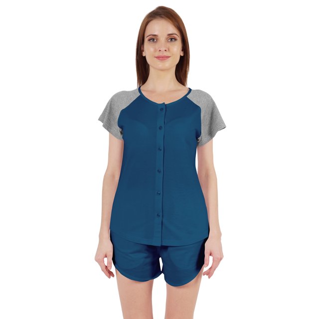 Inkmeso Solid 2 Pc Nightwear Set For Women Raglan Sleeves Button-Down Top & Shorts Sleepwear-58