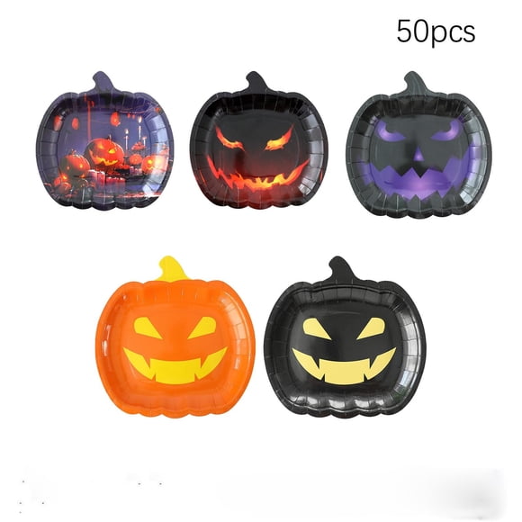 Drppepioner Assiettes en Papier Jetables Citrouille d'Halloween, Lot de 50 Assiettes de Fête pour Collations, Desserts, Gâteau et Service de Nourriture, Fournitures de Vaisselle d'Halloween