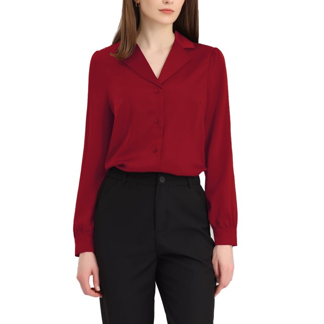 INSPIRE CHIC Chemise pour Femme Col Plat Manches Longues Boutonnée Chemise Satin de Bureau TP Rouge
