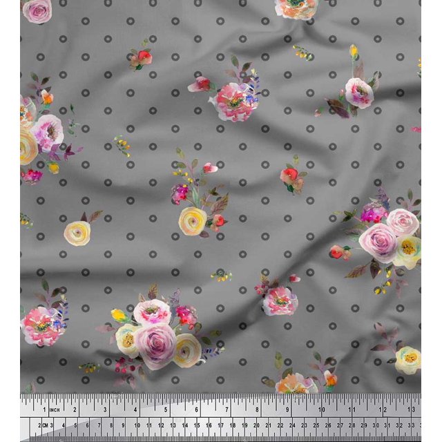 Soimoi Gray polyester Crepe Fabric Leaves,Small Circle & Floral Decor Fabric Printed BTY 42 Inch Wide
