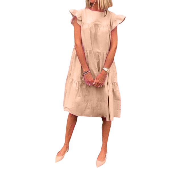 Faithtur Robe Mi-Longue Ample pour Femmes, Style Décontracté d'Été, Couleur Unie, Col Rond, Manches Volantes, Jupe Froncée