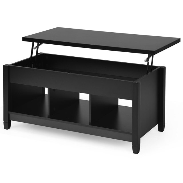Giantex Lift Top Coffee Table in black with a lift-top mechanism, hidden storage compartment, and three open shelves. Features solid wood legs and a modern design. The tabletop is raised, revealing the hidden compartment, while the lower shelves provide additional storage space for books, decor, or essentials. Suitable for living rooms, apartments, or offices.