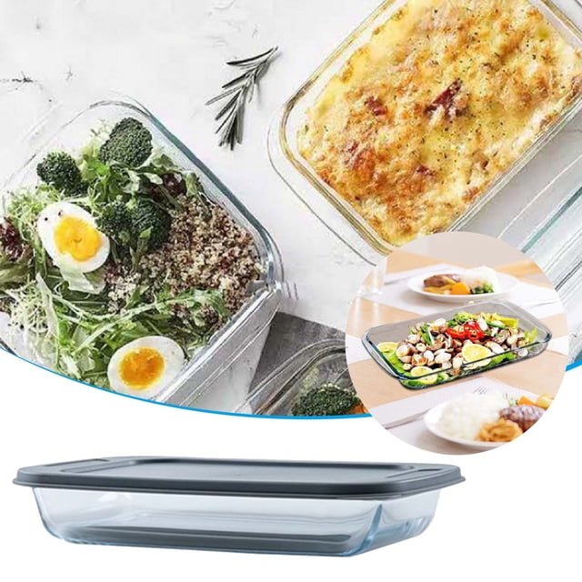 Riforla 7.4inch×12inch Rectangular Glass Baking Dish with Gray Lid 3.08pt(1.7L) Tableware Clear One Size