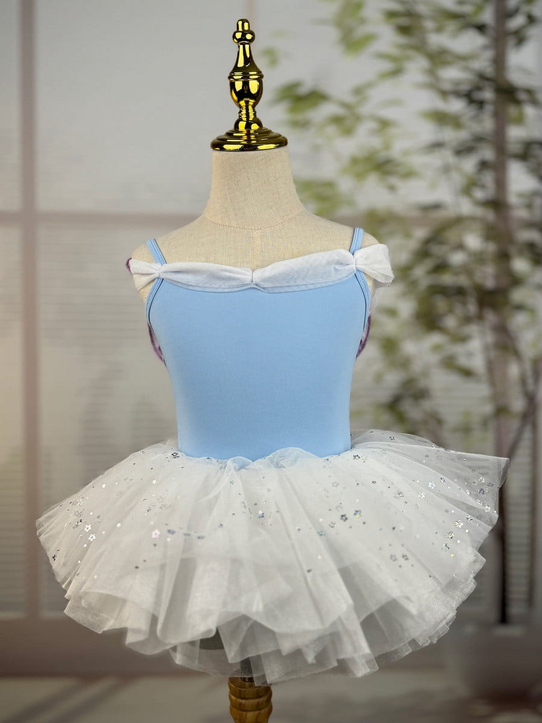 XDZJLR Girls Rompers Kids Summer Solid Color Suspender Dance Training Dress Children's Performance Puffy Dress Outfit Blue 4-5 Years