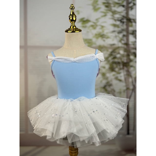 XDZJLR Girls Rompers Kids Summer Solid Color Suspender Dance Training Dress Children's Performance Puffy Dress Outfit Blue 2-3 Years