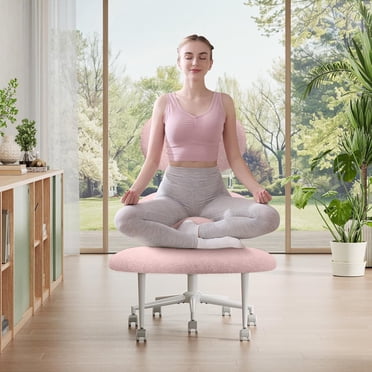 Pinmoco Chaise Pivotante Ergonomique pour s'Asseoir en Tailleur, Hauteur Réglable et Tissu Teddy, Chaise de Méditation avec Soutien Dorsal en Rose