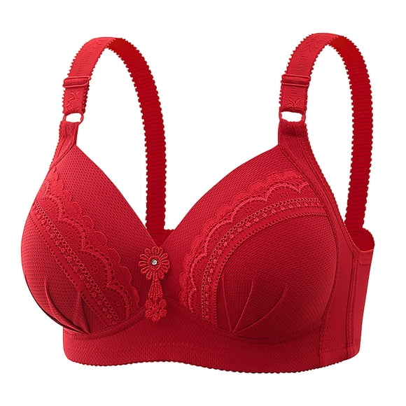 LOVZFMLL Bras for Women Women's Non Steel Ring Style Printed Gathered Middle Button Breathable Underwear Daily Bra Red 2XL