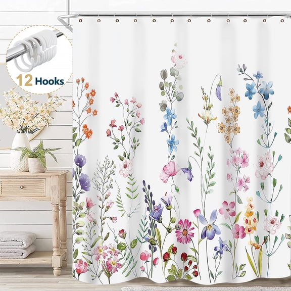 Dznils Rideau de Douche en Tissu Blanc à Motif Floral, Rideau de Salle de Bain Aquarelle avec Crochets, Rose, 72 Pouces x 72 Pouces