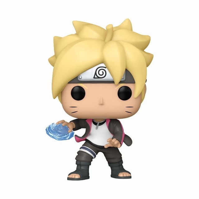 Funko POP Animation: Boruto- Boruto w/Rasengan Vinyl Figure showing a front-facing vinyl figure of Boruto Uzumaki with spiky blond hair, black ninja headband with silver Leaf Village symbol, and whisker marks on his cheeks. He wears a black and white ninja outfit with pink trim and black sandals, posed holding a blue Rasengan energy sphere in his right hand. The figure stands approximately 4.55 inches tall and is suitable for collectors of Naruto action figures.