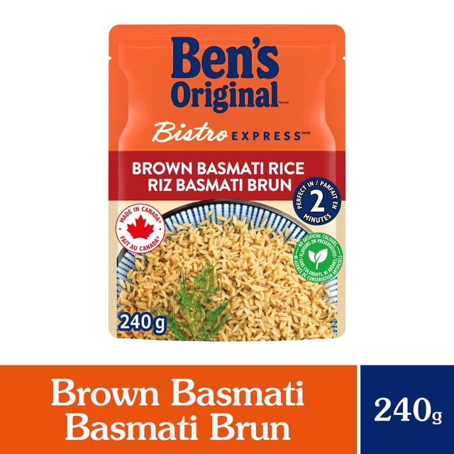 BEN'S ORIGINAL BISTRO EXPRESS Brown Basmati Rice Side Dish 240g pouch with orange and red packaging featuring cooked whole grain brown basmati rice in a blue and white bowl, made in Canada label, microwave-ready in 2 minutes, suitable as a quick side for Indian and South Asian dishes.