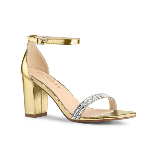 BLISSFUL STEP Sandales pour Femmes à Strass à Talon Épais avec Bride à la Cheville à Bout Ouvert Chaussures de Soirée Or 7