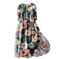 thumbnail image 1 of Pisexur Robes d'Été pour Femmes Mode Bohème à Imprimé Floral Robe Maxi Tunique Décontractée Taille Élastique Robe Soleil Col Rabattu Boutonnée Longue Robe Manches 3/4 Col en V Fluide Coton Lin Robe de Plage, 1 of 6