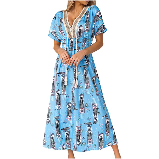 Pompotops Femmes Casual V-Cou Épissage Manches Courtes Impression Robes Cheville