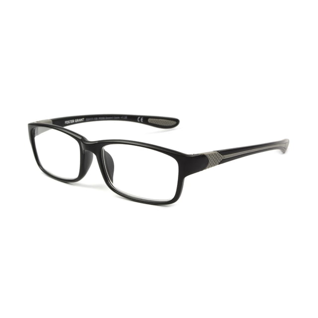 Foster Grant Lunettes de Lecture pour Trottinette avec Montures Rectangulaires Noires et Verres Résistants aux Rayures et aux Impacts, avec accents Gris Texturés sur les Charnières et les Embouts de Branches, Affichées sous un Léger angle sur un Fond Blanc, Convenant à une vision Claire et au Confort de Lecture.