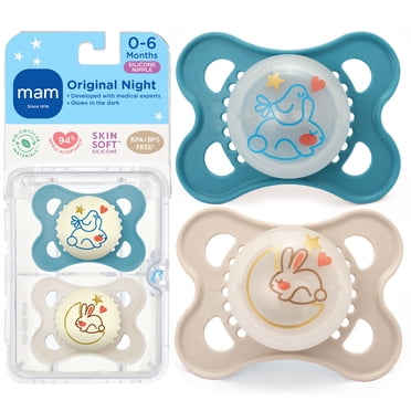 Suces MAM Night (2 suces et un boîtier de stérilisation), suces MAM 0 à 6 mois, meilleure suce pour les bébés allaités, assorted, suce qui brille dans le noir