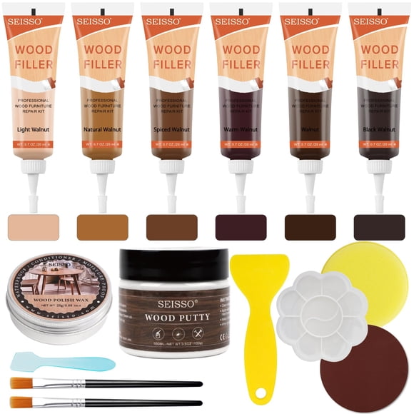 Wood Furniture Repair Kit, 6 Colors Wood Filler Hardwood Laminate Vinyl Floor Repair Kit with Wood Putty, Wood Polish Wax for Hole, Scratch, Crack, S