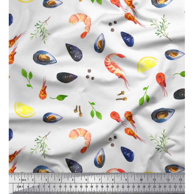 Soimoi Poly Georgette Fabric Gemstone,Lemon Slice & Prawns Food Print Fabric by the Yard 42 Inch Wide