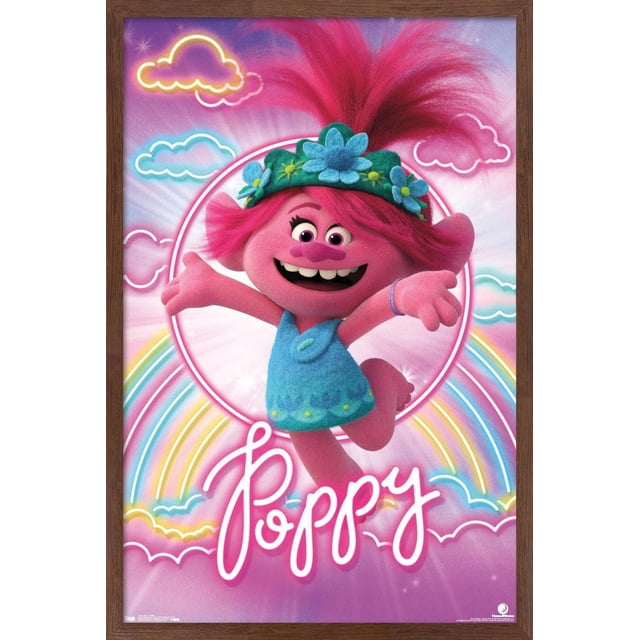 DreamWorks Trolls 2 - Poppy Wall Poster, 22.375" x 34" framed showing a centered front-facing view of Poppy, a pink animated character with bright pink hair styled upward, wearing a blue dress and green floral headband, set against a pastel purple background with neon-style clouds and rainbow accents, making it a vibrant wall art piece ideal for kids' room decor.