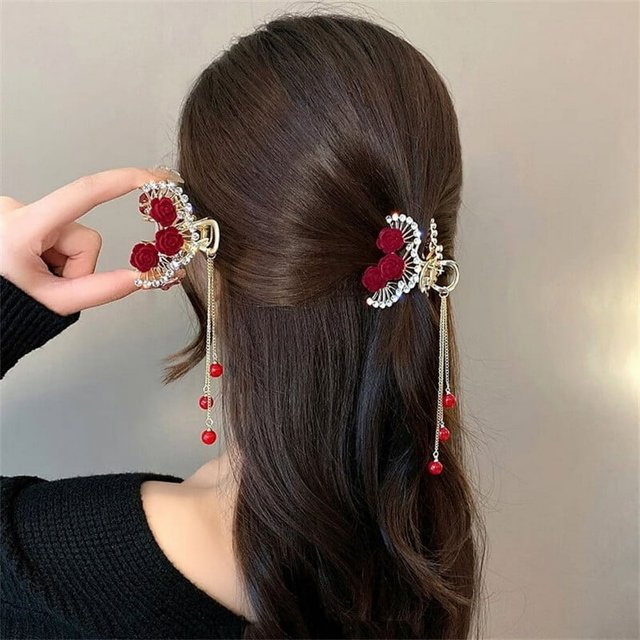 1 Pcs Épingle à Cheveux Rose à Perles avec Pompon Pince à Cheveux Femme Griffe Accessoires pour Cheveux Couvre-Chef