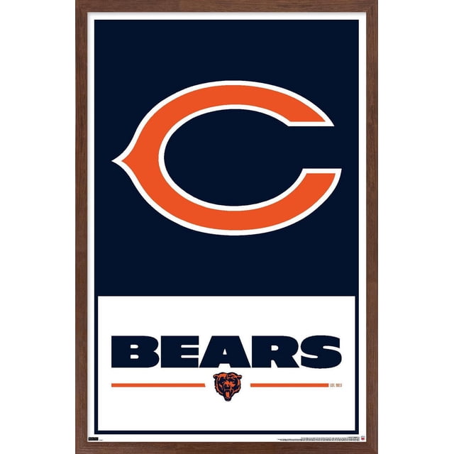 NFL Chicago Bears - Logo 21 Wall Poster, 22.375" x 34" framed, displaying a centered orange and white 'C' logo on a navy blue background above bold navy 'BEARS' text with an orange bear head emblem below, all set in a brown wood frame. Suitable for decorating bedrooms, offices, or fan rooms.