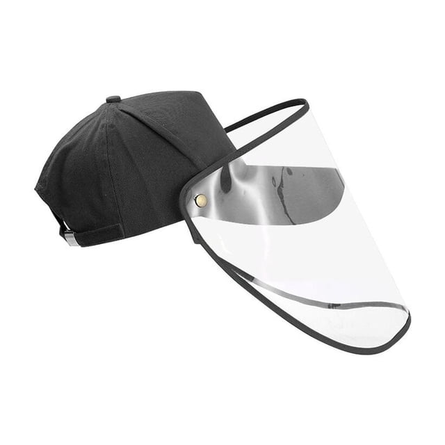 ziyahi Unisex Face Protection Baseball Hat with detachable transparent visor shield. This black cotton hat features an adjustable strap and a clear TPU face shield offering wide coverage for protection against saliva, sand, wind, and dust. Ideal for outdoor activities such as commuting, school, travel, or work. Categorized as a women's baseball cap accessory.
