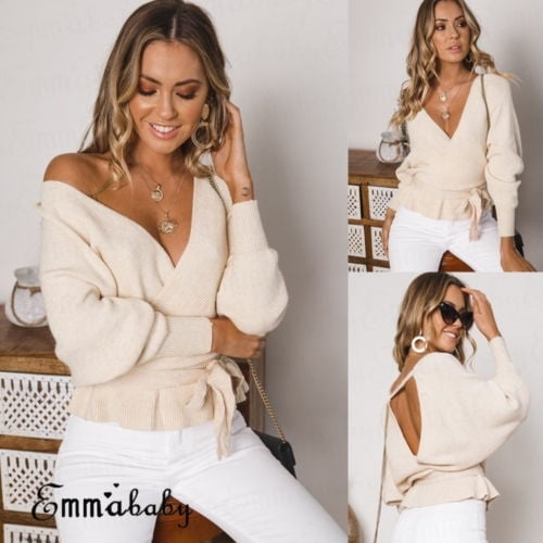 Mode Femmes Automne Col en V Manches Longues Dos Nu Haut Pull Tricoté