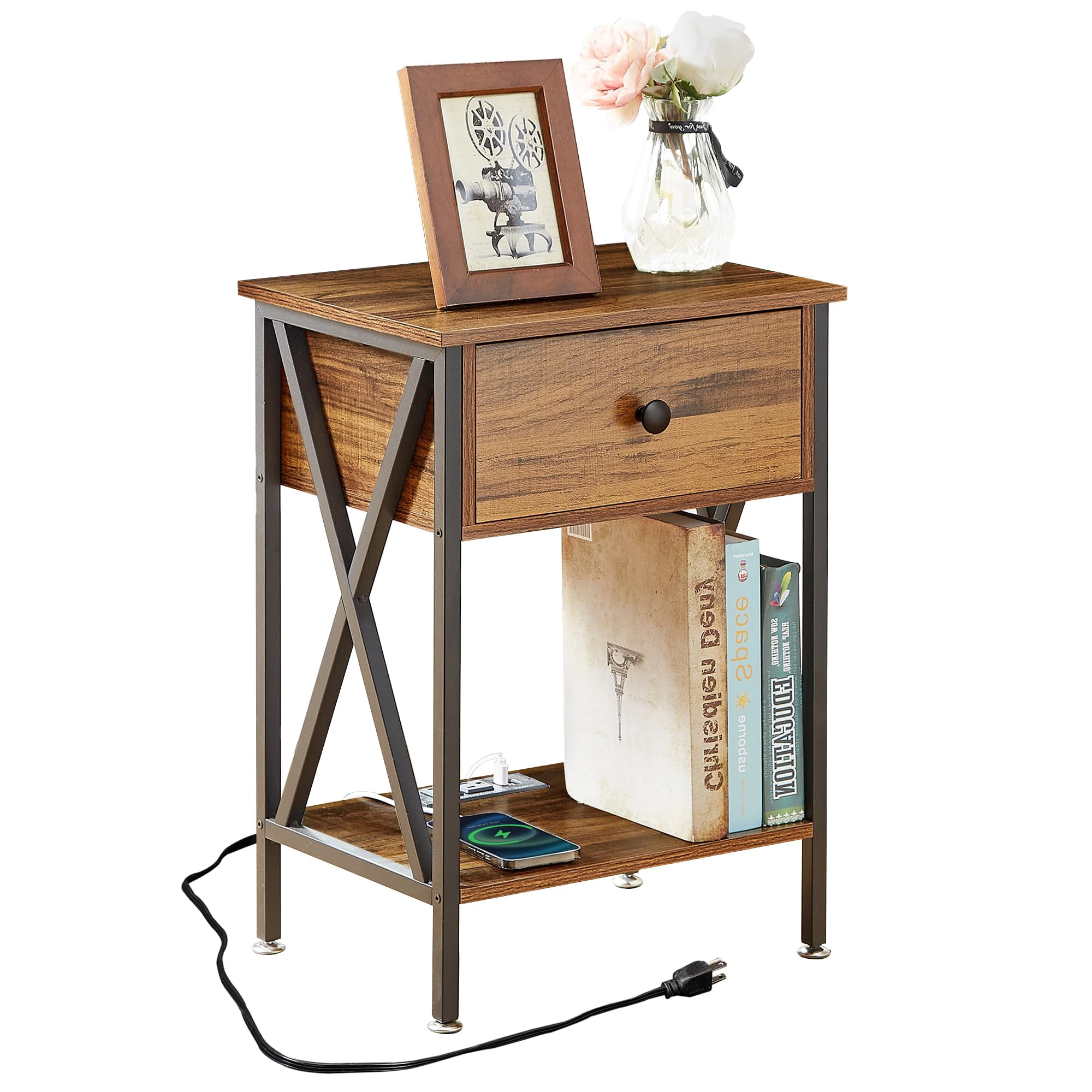 VECELO Nightstand Bedside End Tables with Charging Station USB Ports Drawer Shelf Night Stand for Bedroom Living Room 1-Pack Brown