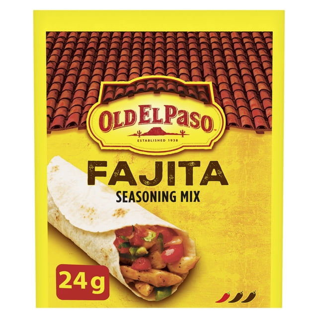 Old El Paso Fajita Seasoning Mix 24 g packet with yellow background and red tile roof design, featuring a close-up of a chicken fajita wrap filled with seasoned chicken, diced tomatoes, and green peppers, with mild to medium spice level chili icons.