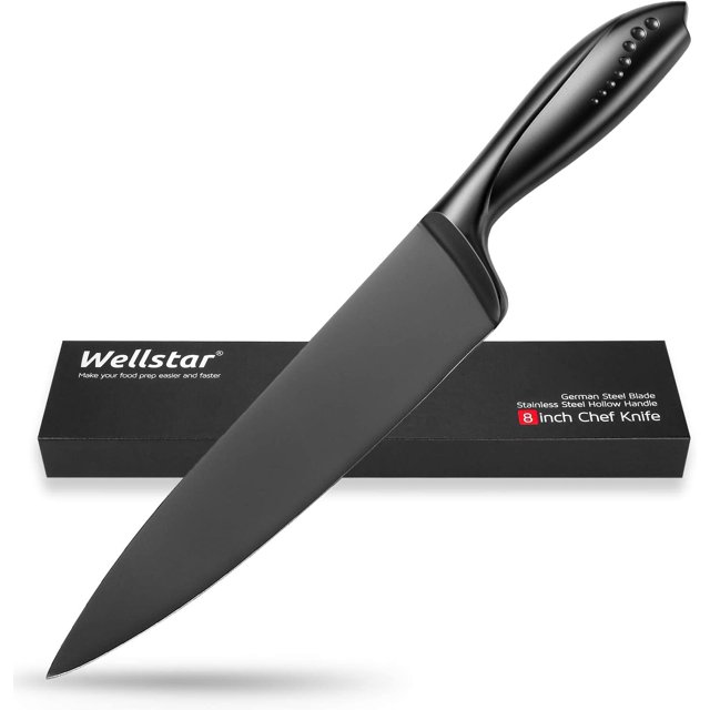 Couteau de Chef 8 Pouces WELLSTAR, Lame en Acier Inoxydable Allemand Noir à Revêtement Antiadhésif, Rasoir Tranchant avec Poignée de Protection des Doigts Ajourée SS Confortable pour Cuisine Viande Sushi Légumes Fruits Découpe Tranchage dés
