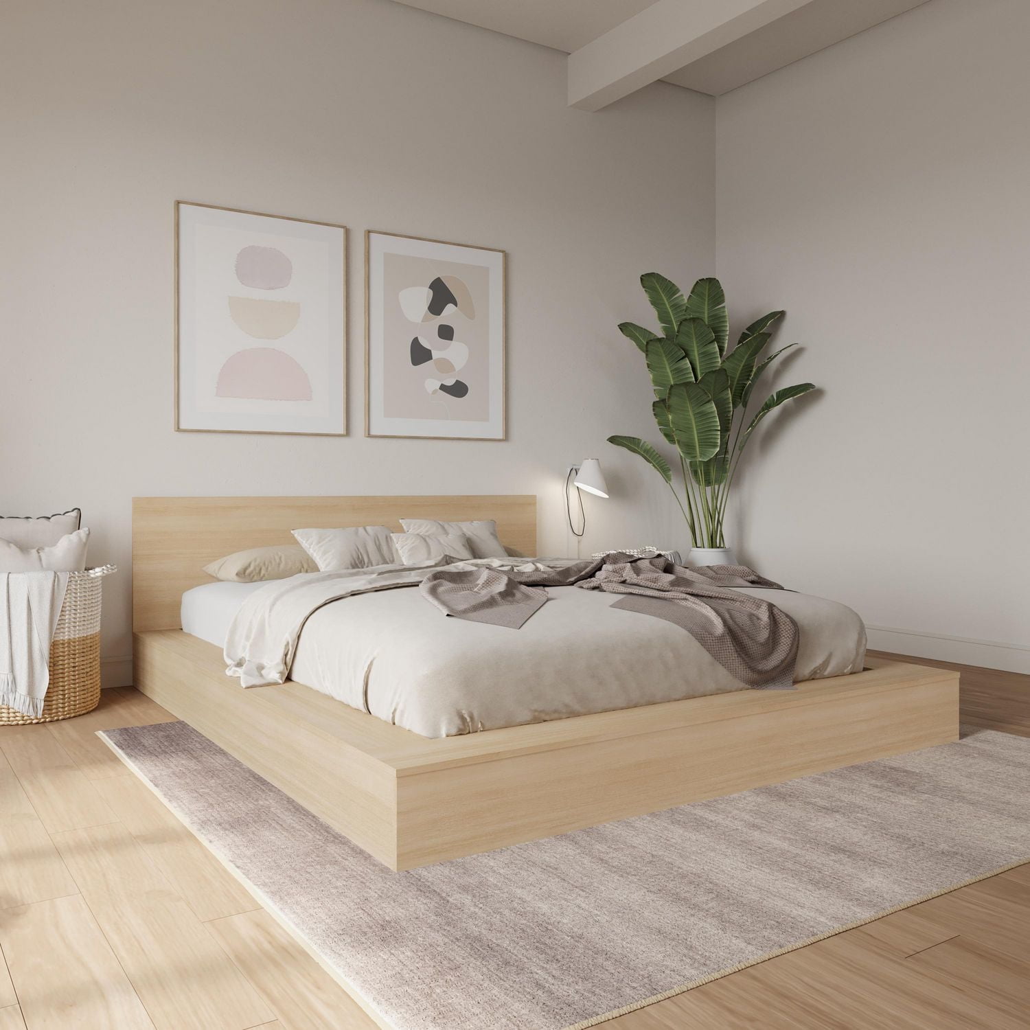 Nexera Kanso Lit à Plateforme Basse avec Tête de Lit, chêne blond naturel