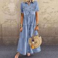 thumbnail image 2 of fartey Women Plus Size Sundresses Button Down Ruffle Layered Hem Pockets Maxi Dress Roomy Solid Color V Neck Short Sleeve Dresses, 3XL-5XL, 2 of 5