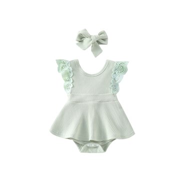 Honganda Barboteuse pour Nouveau-Né Fille, Sans Manches en Dentelle Patchwork Couleur Unie Style Robe Barboteuse + Ensemble Bandeau Mignon