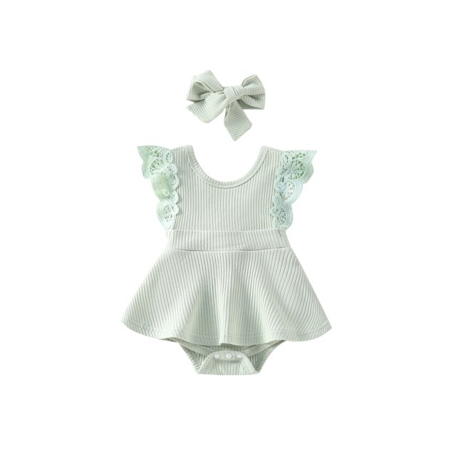 Faithtur Newborn Girl Romper Outfits, Sleeveless Lace Patchwork Solid Color Dress Style Romper + Cute Headband Set