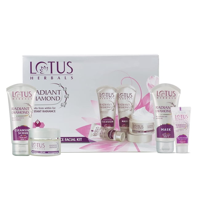 Lotus Herbals Radiant Diamond Cellular Radiance 5 In 1 Facial Kit, enriched with diamond dust and cinnamon, suitable for all skin types. Includes exfoliating cleanser, activator, mask, massage cream, and cleansing scrub, ideal as a skin care gift set, displayed with branded packaging.