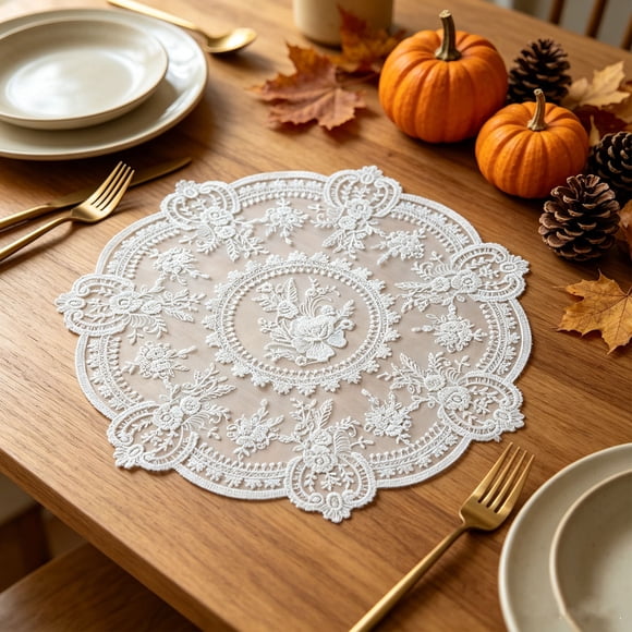 Vintage Lace Placemat Set of 4, 12.79 in, Handmade Crochet Doilies for Dining Table, French Retro Home Decor