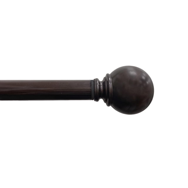 Mainstays 1” Bronze Ball Adjustable Curtain Rod, 30”-84” showing a close-up of the oil-rubbed bronze finish with a round ball finial, designed for lightweight curtains or sheers and easy installation with included hardware.