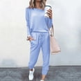 thumbnail image 3 of Mrat Women 2 Piece Outfit for Winter 2 Piece Jogging Sets Solid Polyester Long Sleeve Sweatsuits Sets Two Piece Track Suits Drawstring High Waist Pants Set Comfy Outfits N-Blue 3XL, 3 of 5