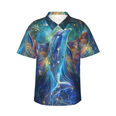 Vsdgher Colorful Winged Dolphin Print Men's Hawaiian Shirts Button Down Tropical Holiday Beach Shirts Vacation Clothes -XX-Large