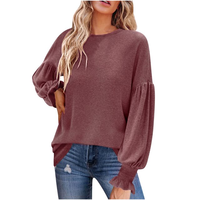 Chemises à Manches Longues pour Femmes pour l'Automne Tuniques de Mode pour Femmes pour Leggings Col Rond Manches Lanterne Chemises à Manches Longues Décontractées Chandails en Molleton d'Automne Blouse T-Shirts Tuniques pour Femmes à Manches Longues