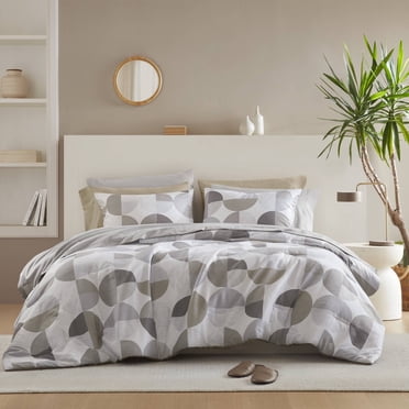 Regency Heights Queen Size Comforter Set, 9-Piece Bed in a Bag Queen, Round Geometric Print Bedding Comforter Set with Sheets, Tan/Gray