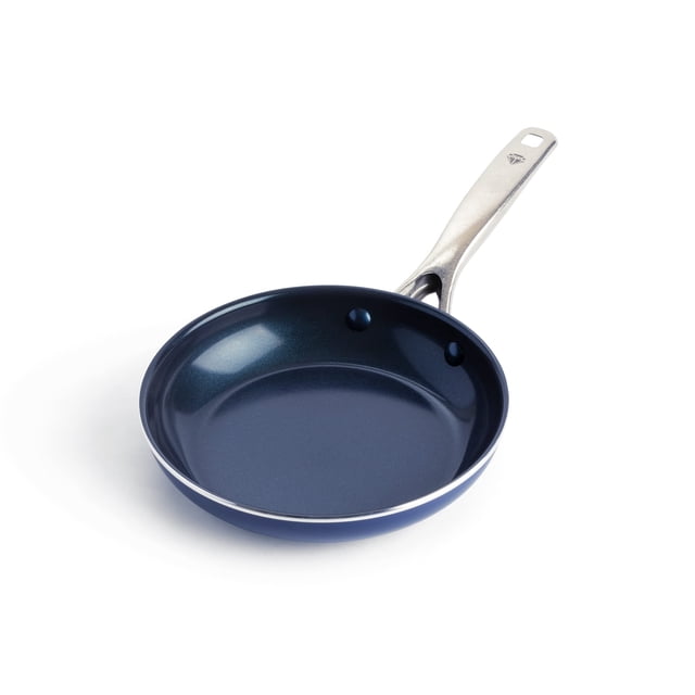 Blue Diamond Cookware Diamond Infused Ceramic Nonstick 8-inch frying pan skillet in blue, PFAS-free and featuring a durable diamond-infused coating for enhanced nonstick performance. The pan includes a riveted stainless steel handle, a warp control base for added strength, and is suitable for oven and broiler use up to 600°F. Dishwasher safe for easy cleaning.
