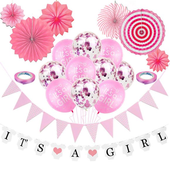 Dalazy Baby Shower Party Decoration Set Banner and Latex Balloons Pennant Chain Paper Compartments Balloons with Inner Confetti for Baby Party