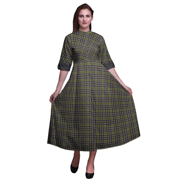 Bimba Check Printed Womens Roll Up Sleeves Dress Mandarin Collar Button Down Shirt-Medium