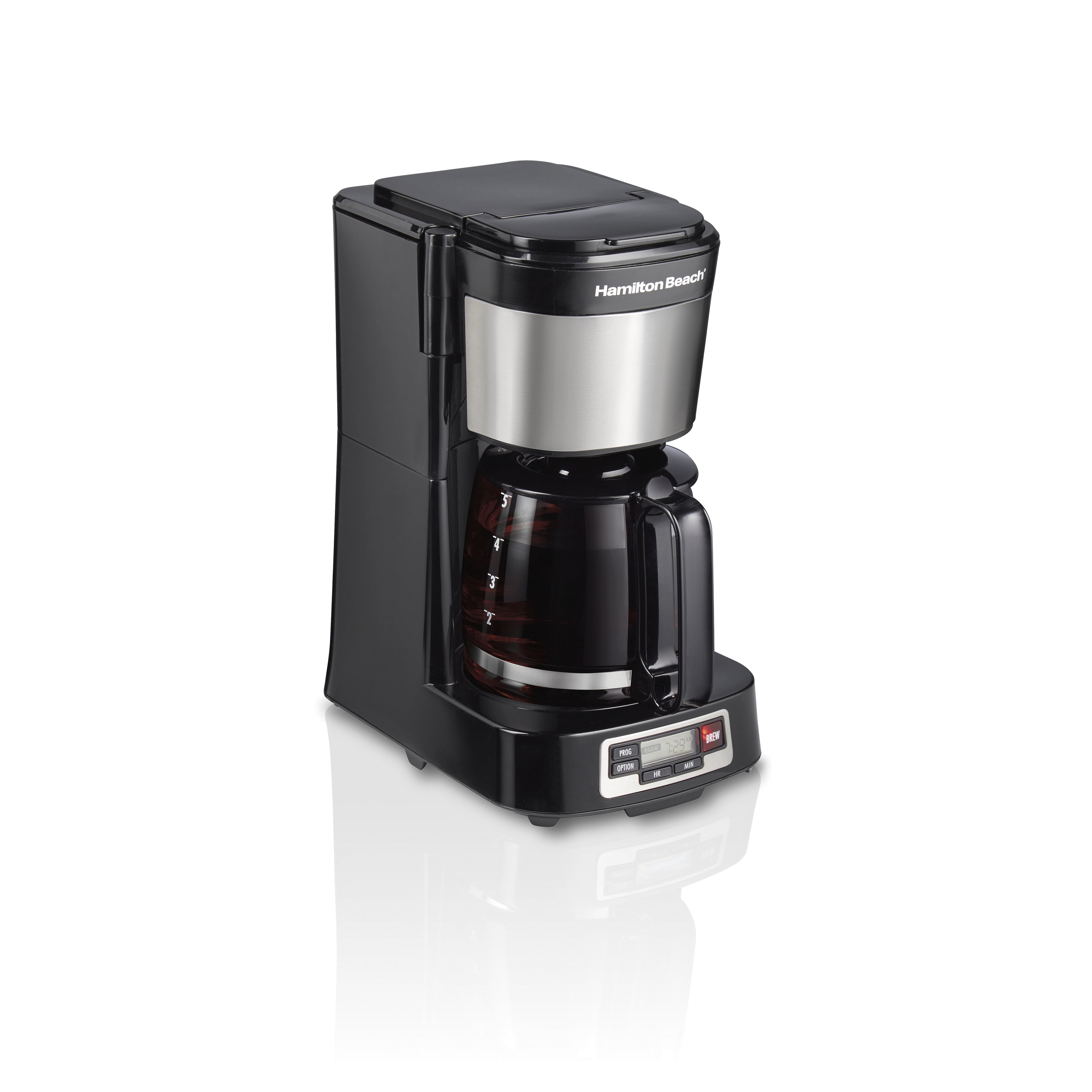 Cafetière compacte programmable Hamilton Beach 5 tasses avec carafe en verre, noire, 46111