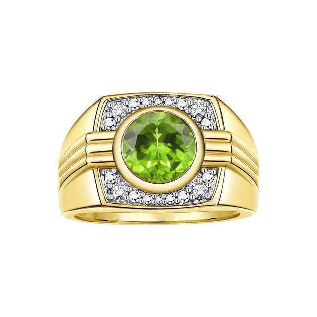 RYLOS Mens Rings Yellow Gold Plated Silver Designer Round Gemstone & Sparkling Diamond Ring Peridot August Birthstone Rings For Men Men's Rings Silver Rings, Size 8,9,10,11,12,13