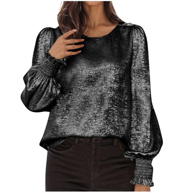 Hauts à Manches Longues pour Femmes, Blouse Décontractée Mode à Col Rond, Chemise Unie à Volants, T-Shirt Basique pour l'Automne, Tenue de Tous les Jours, Tenues de Bureau et de Fête