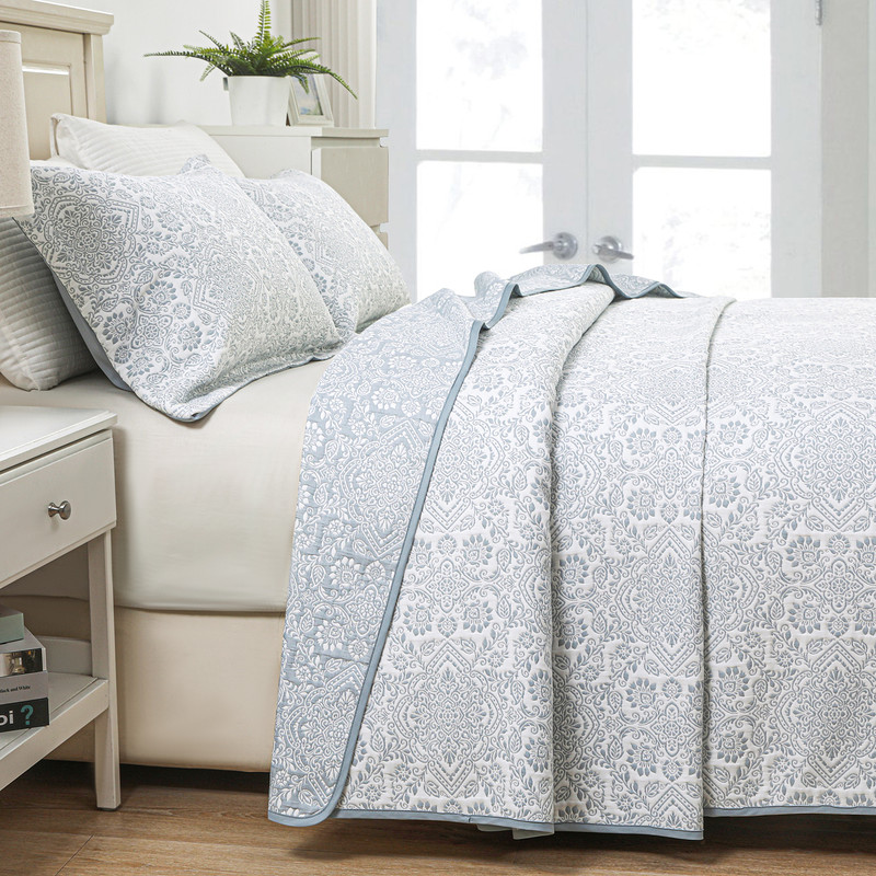 Marina Decoration Jacquard Embroidered Stitching Coverlet Bedspread Ultra Soft Bedding Solid 2 Piece Summer Quilt Set with 1 Quilted Sham, Blue Floral Twin/Single