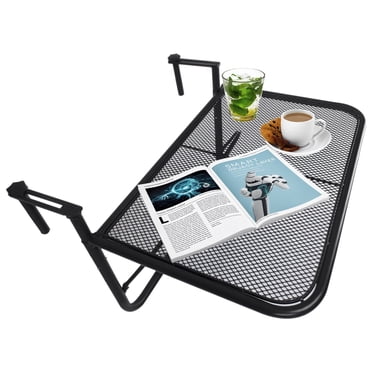 Outsunny Table de Balcon Réglable à Suspendre sur Rambarde, Mini Bureau Mural en Métal avec Rangement, Support à Fleurs d'Extérieur Table de Service Rectangulaire, Noir