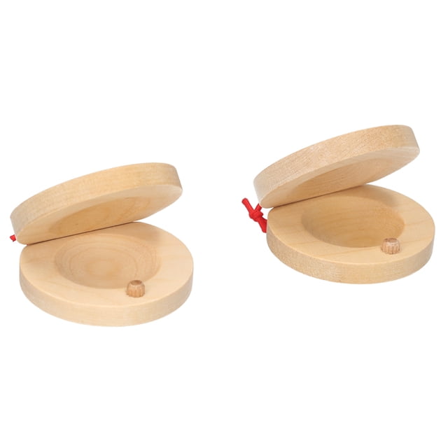 Arealer Pair of Castanets Wooden Castanet Finger Clappers Musical Instrument. The image displays two smooth, natural wood castanets with a red cord for easy handling. These lightweight instruments produce a pleasant sound and are suitable for both kids and adults. Type 1 measures 57mm in diameter, while Type 2 measures 82mm in length.